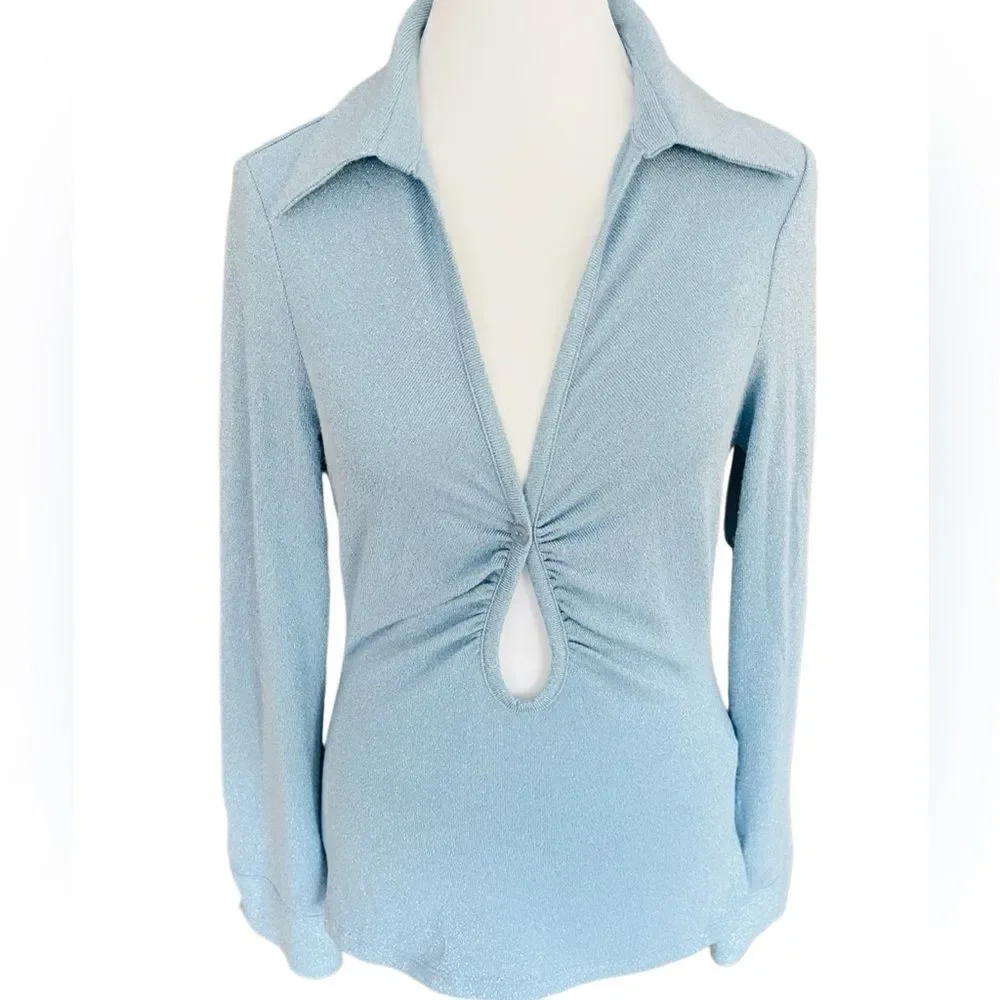 NWOT ZARA Sparkle Ruched Button Front Cutout Long Sleeve Blouse Light Blue Sz S